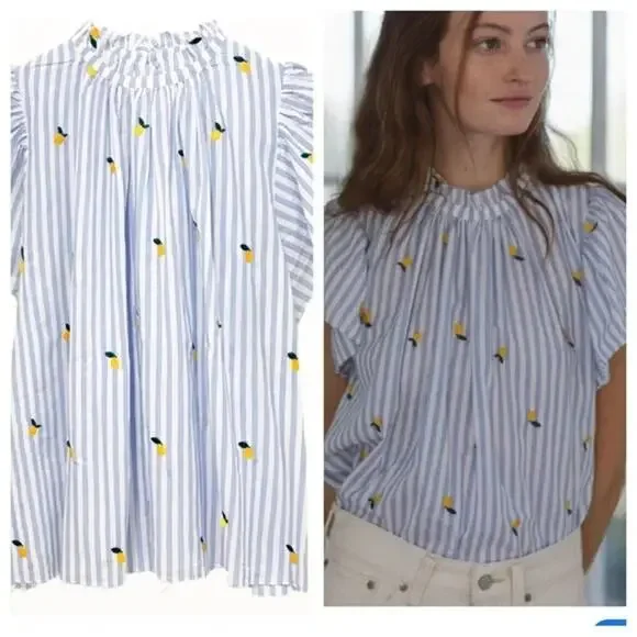 Trovata Birds of Paradis Carla Blouse Top Blue Stripe Short Sleeve Meyer Lemon S - Picture 9 of 10